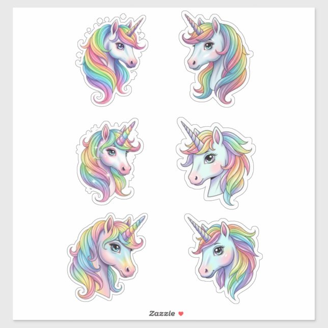 Pastel Rainbow Unicorn Faces Vinyl Sticker (Blatt)