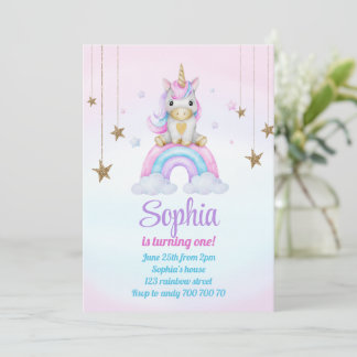 Pastel Rainbow Unicorn Glitzern 1. Geburtstag Einladung