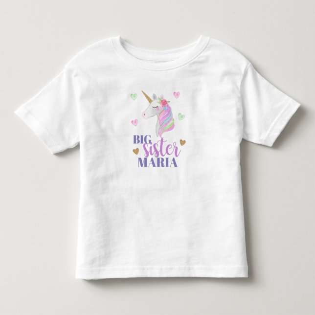 Pastel Rainbow Unicorn & Hearts Big Sister Kleinkind T-shirt (Vorderseite)