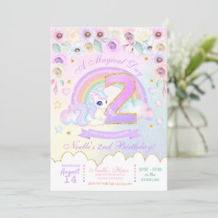 Pastel Rainbow Unicorn Invitation de deuxième anni