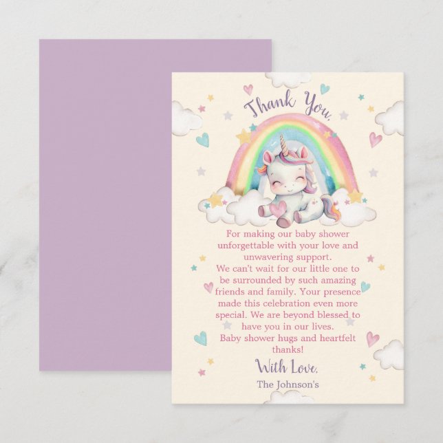 Pastel Rainbow Unicorn Kinderdusche Dankeskarte (Vorne/Hinten)