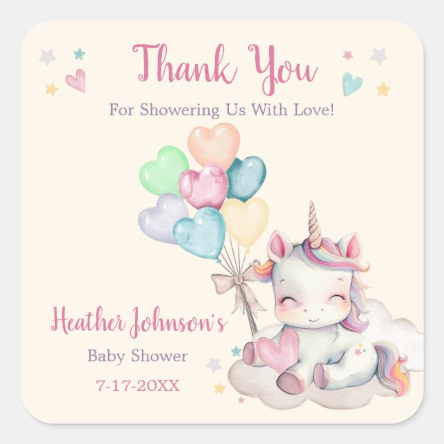 Pastel Rainbow Unicorn Kinderdusche Quadratischer Aufkleber (Vorderseite)