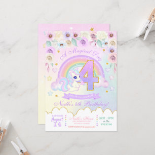 Pastel Rainbow Unicorn - Vierte Geburtstagseinladu Einladung