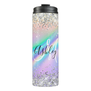 Pastel Rainbow Wave Ombre Silver Glitzer Monogram Thermosbecher