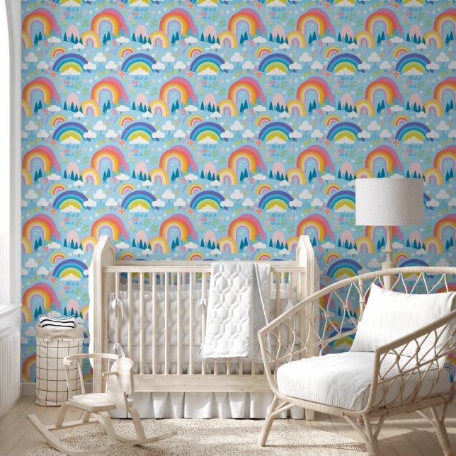 Pastel Rainbows Blume und Wolken Kinderzimmer Tapete (Kinder)