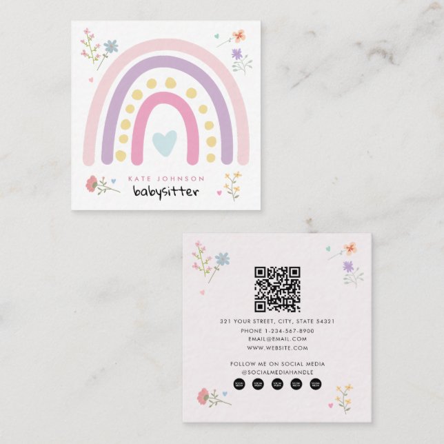Pastel Rainbows Girly Wildblumen Babysitter Quadratische Visitenkarte (Vorne/Hinten)