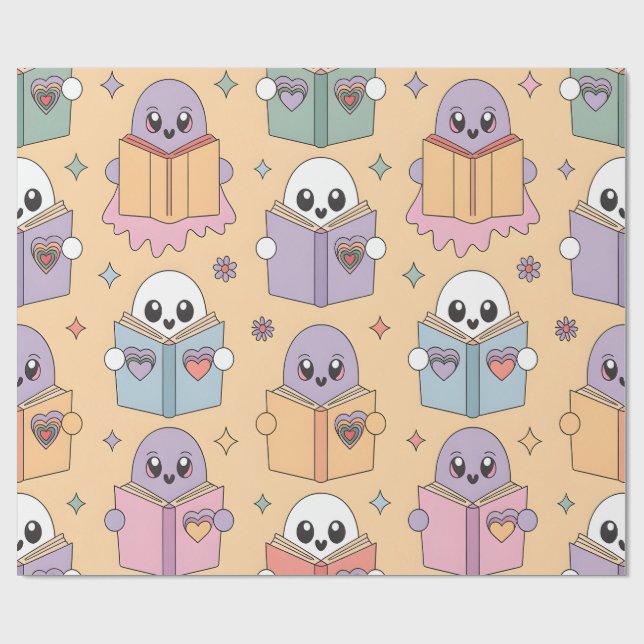 Pastel Reading Retro Ghosts Kawaii Buch Lover Geschenkpapier (Flach)