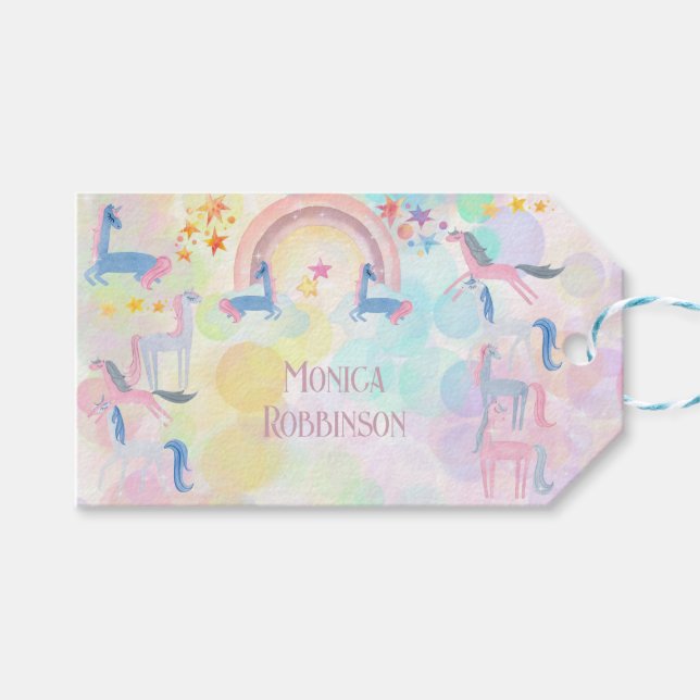 Pastel Regenbogen Aquarellfarbe Einhorn Kindergebu Geschenkanhänger (Vorderseite (Horizontal))