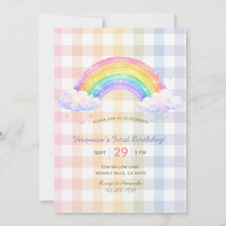 Pastel-Regenbogen-Gingham-Einladung zum ersten Geb Einladung