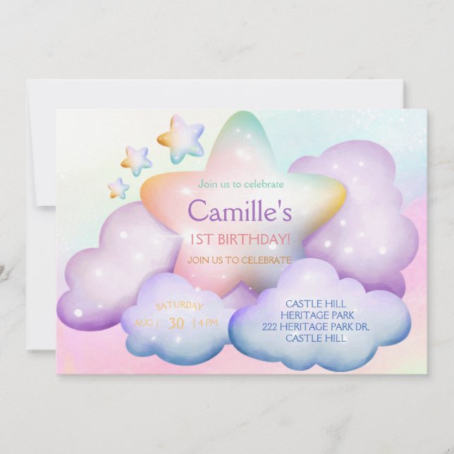 Pastel Regenbogenstar & Wolken Geburtstag Einladun Einladung (Vorderseite)