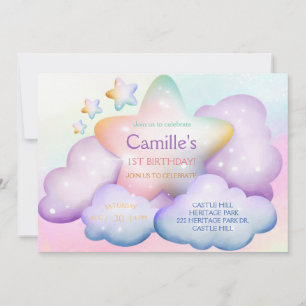Pastel Regenbogenstar & Wolken Geburtstag Einladun Einladung