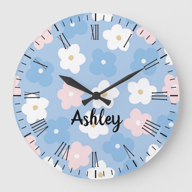 Pastel Retro Blume auf blau Große Wanduhr (Vorderseite)