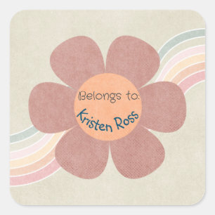 Pastel Retro Gänseblümchen & Regenbögen gehört zu  Quadratischer Aufkleber