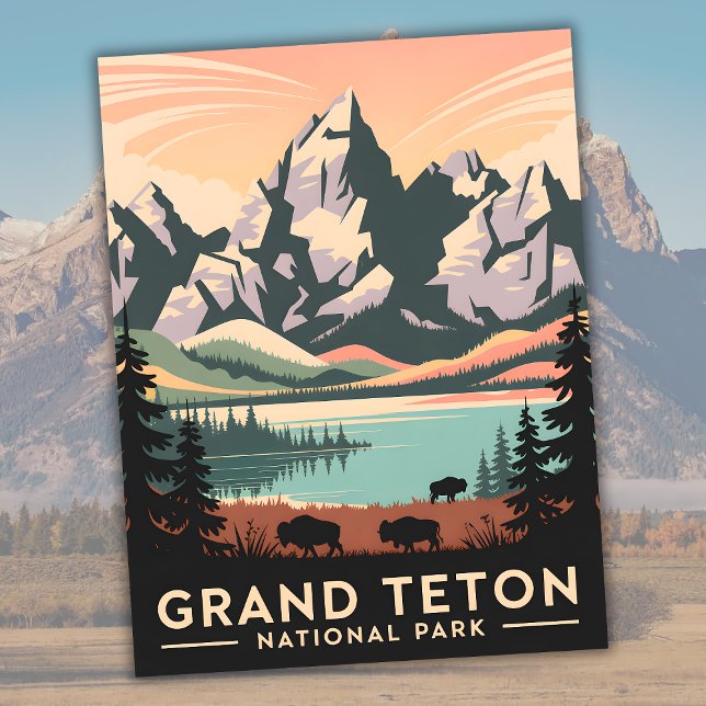 Pastel Retro Grand Teton Nationalpark mit Bison Postkarte (Pastel Retro Grand Teton National Park with Bison Postcard)