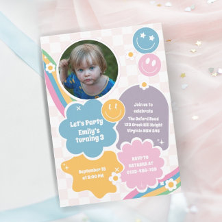 Pastel Retro Groovy Smiles Foto Geburtstag Einladung