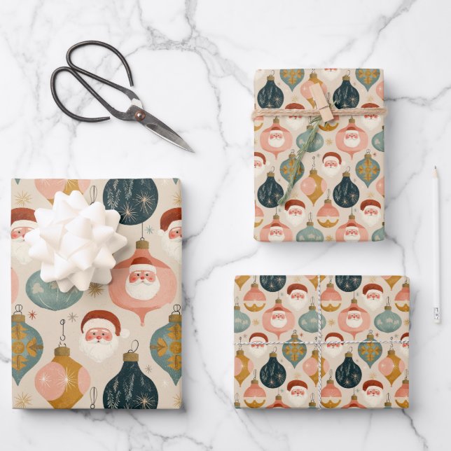 Pastel Retro Santa Wrapping Paper Geschenkpapier Set (Vorderseite)