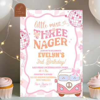 Pastel Retro Van Groovy Little Miss Threenager Einladung