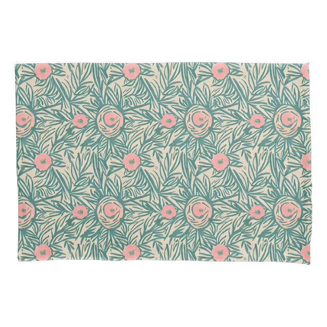 Pastel Rose & Botanisches Grünmuster Kissenbezug (Vorderseite)