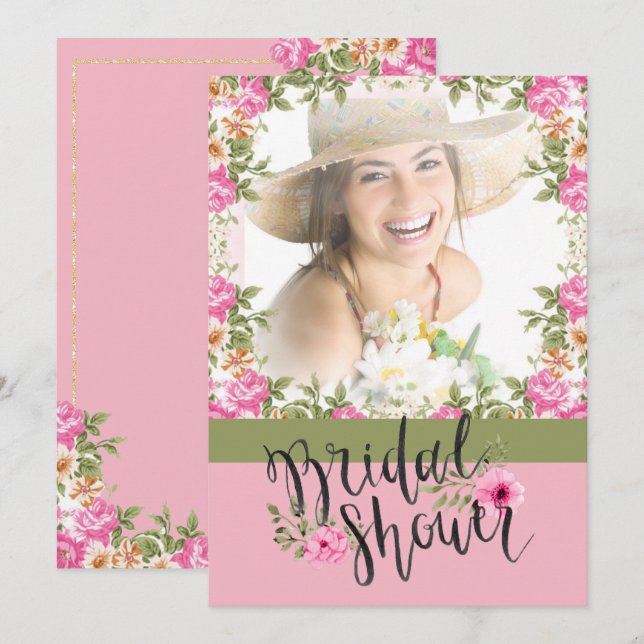 Pastel Rose Floral Photo Bridal Douche Invitation (Devant / Derrière)