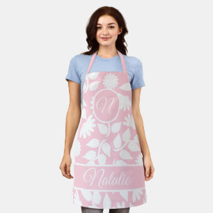 Pastel rose gras floral - tablier monogrammé