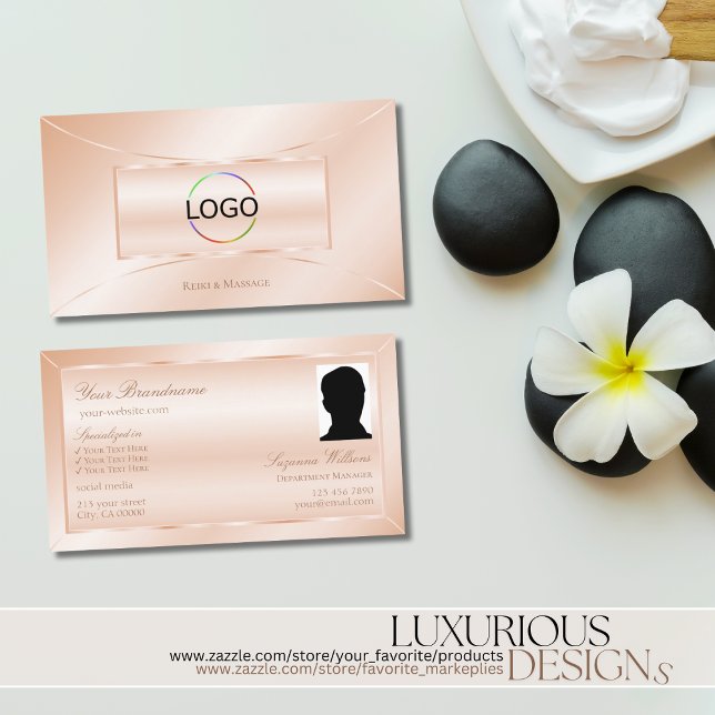 Pastel-Rose-Koralle mit Logos und Foto Auge Fangen Visitenkarte (Von Creator hochgeladen)