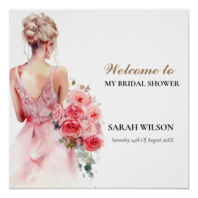 Pastel Rose Wasserfarbe Hochzeitskleid Brautparty Poster (Vorderseite)