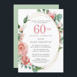 Pastel Rote Rose Floral 60. Geburtstagsparty Einladung<br><div class="desc">Ein weiches pastellrotes, fast rosa Dekor schafft ein wunderschönes Blumendesign auf dieser eleganten 60. Geburtstagseinladung. Die rote Rosen sind in tiefgrüne Blätter eingebettet. Die Rose und Blätter schmücken einen schicken Goldrahmen mit mehreren Strängen. 60. ist in einem großen roten Text geschrieben. Der Rest des Textes ist dunkelgrau. Die Rückseite der...</div>