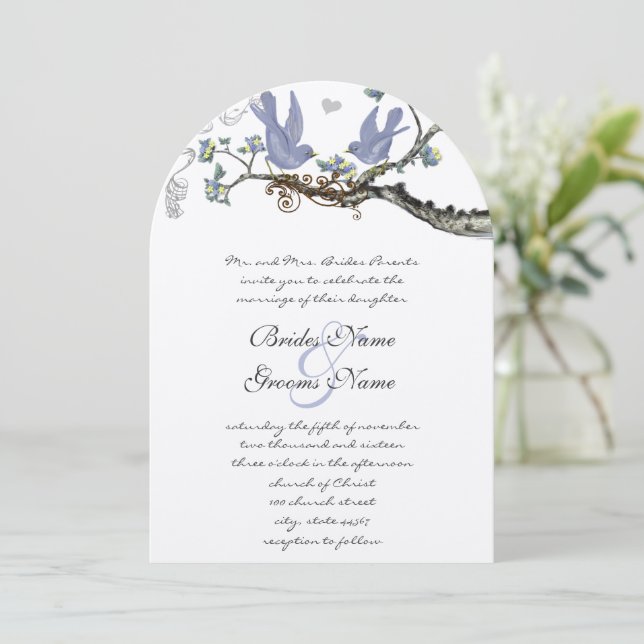 Pastel Rustic Grove Lavender Vintage Vögel Hochzei Einladung (Stehend Vorderseite)
