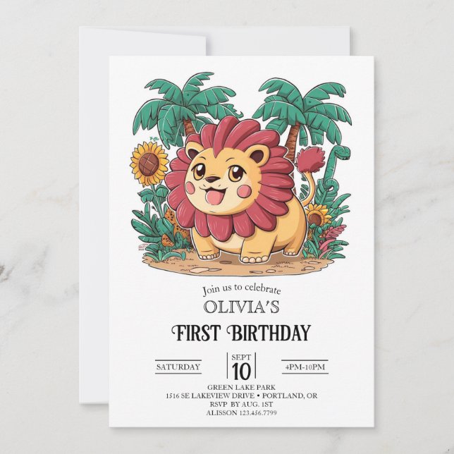 Pastel Safari Lion 1. Geburtstag Digital Einladung (Vorderseite)