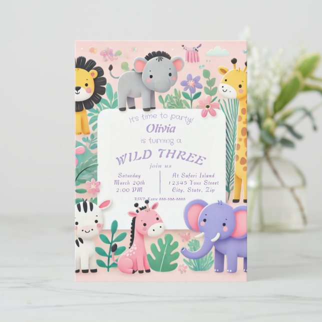 Pastel Safari Wild Birthday Einladung (Stehend Vorderseite)