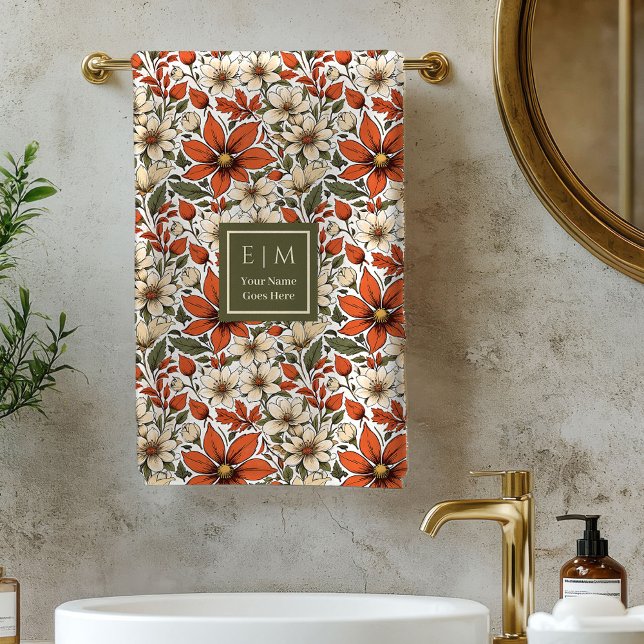 Pastel Sage Autumn Flowers Personalized Bath Towel Badhandtuch Set (Pastel Sage Autumn Flowers Personalized Bath Towel)