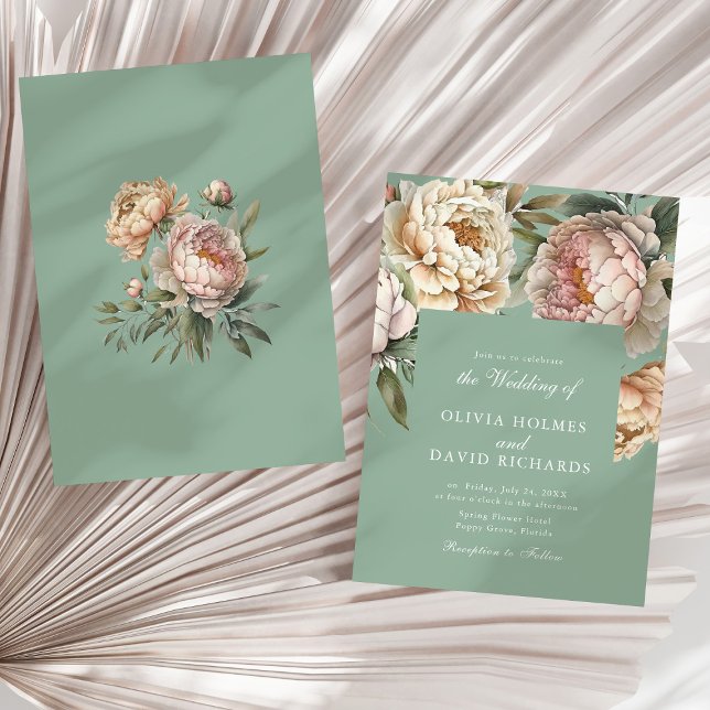 Pastel Sage Green and Blush Pink Peony Wedding Einladung (Pastel Sage Green and Blush Pink Peony Wedding Invitation on a sunny neutral dry palm leaf.)