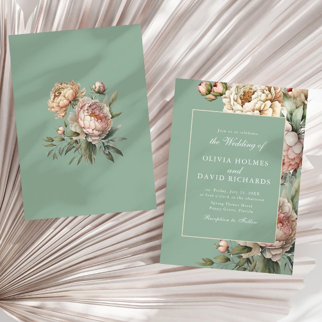 Pastel Sage Green Blush Peony Faire-part de mariag (Pastel Sage Green Blush Peony Wedding Invitation on a sunny neutral dry palm leaf.)