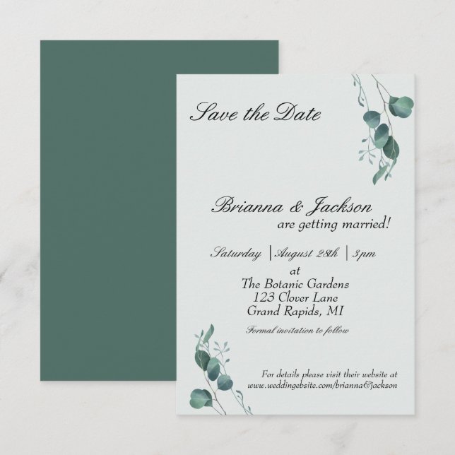 Pastel Sage Green Eucalyptus Wedding Save The Date (Vorne/Hinten)
