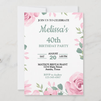 Pastel Sage Green mit rosa Roses Geburtstagsparty Einladung