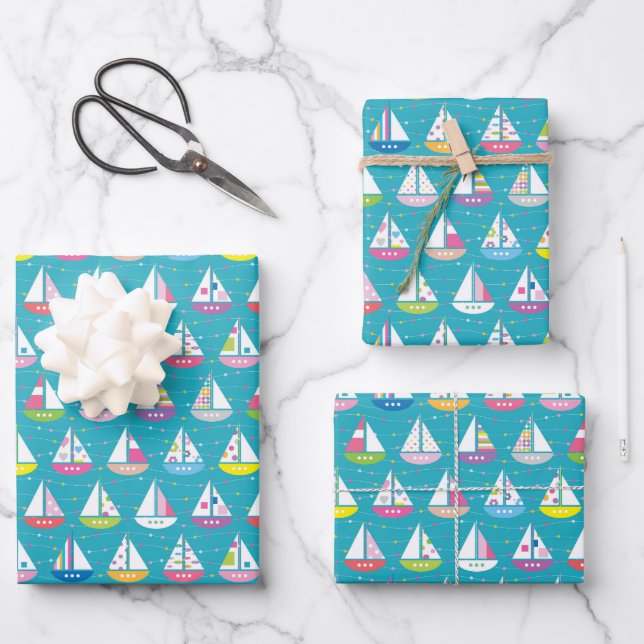 Pastel Sailboat Pattern Geschenkpapier Set (Vorderseite)