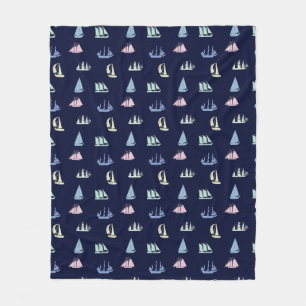 Pastel Sailboat Pattern in Midnight Blue Fleecedecke