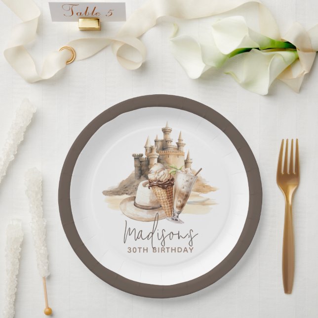 Pastel Sand Elegant Beach Party Personalisiert Pappteller (Hochzeit)