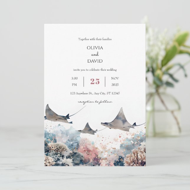 Pastel Sea Marine Life Coral Reef Beach Hochzeit Einladung (Stehend Vorderseite)