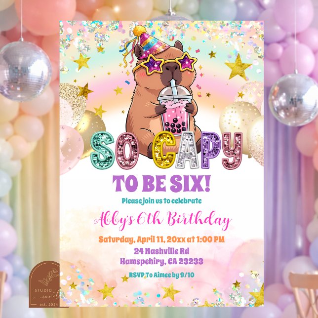 Pastel Sequin Glitter Capybara Birthday Invitation Einladung (Von Creator hochgeladen)