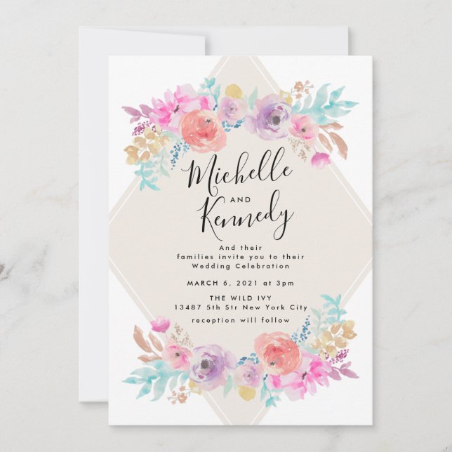 Pastel Shabby Chic Garden Floral Boho Wedding Einladung (Vorderseite)