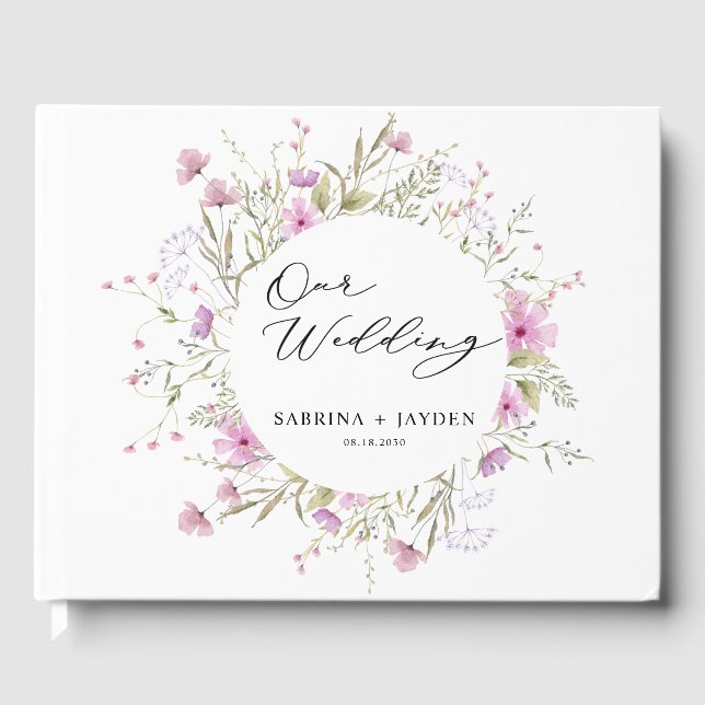 Pastel Shade Blush Pink Wild Floral Wedding Gästebuch (Vorderseite)