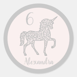 Pastel Silver Unicorn Geburtstagsparty Name Runder Aufkleber