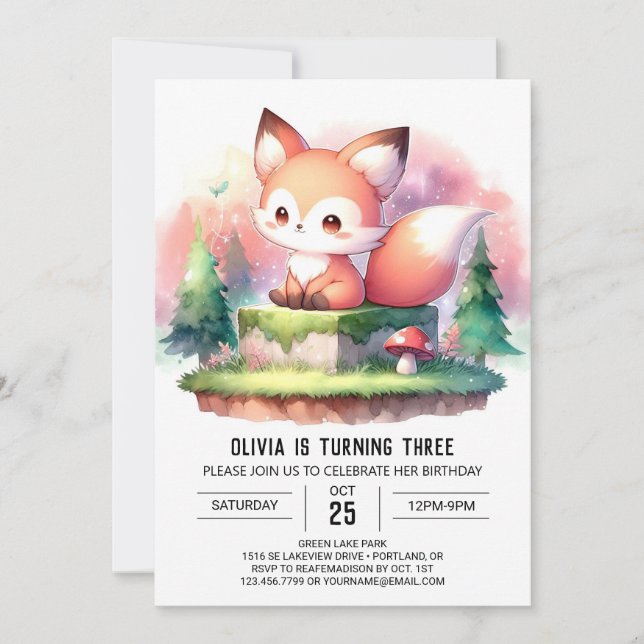 Pastel Simple Fox Geburtstag digital Einladung (Vorderseite)