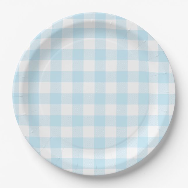 Pastel Sky Blue Gingham Kariertes Muster Pappteller (Vorderseite)