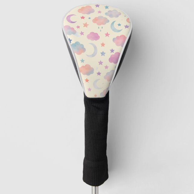 Pastel Sky Dreams - Moon, Stars & Clouds Muster Golf Headcover (Vorderseite)