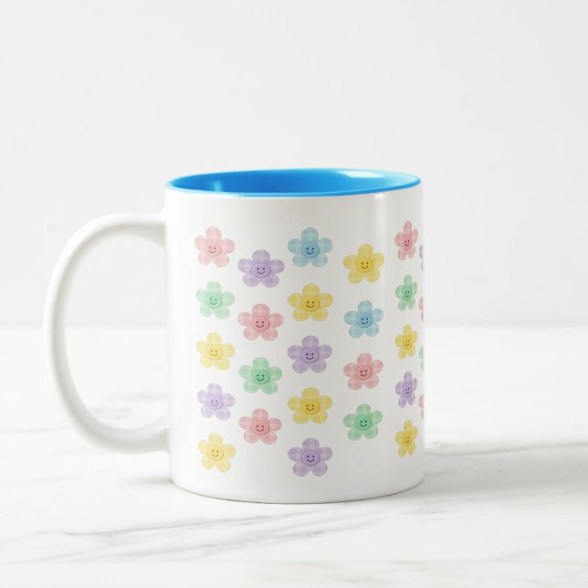 Pastel Smiley Flower Pattern – Cute Gingham  Zweifarbige Tasse (Links)
