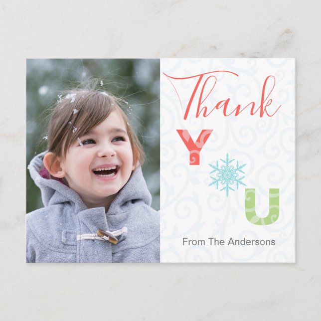 Pastel Snowflake Modernes Foto Holiday Danke Postkarte (Vorderseite)