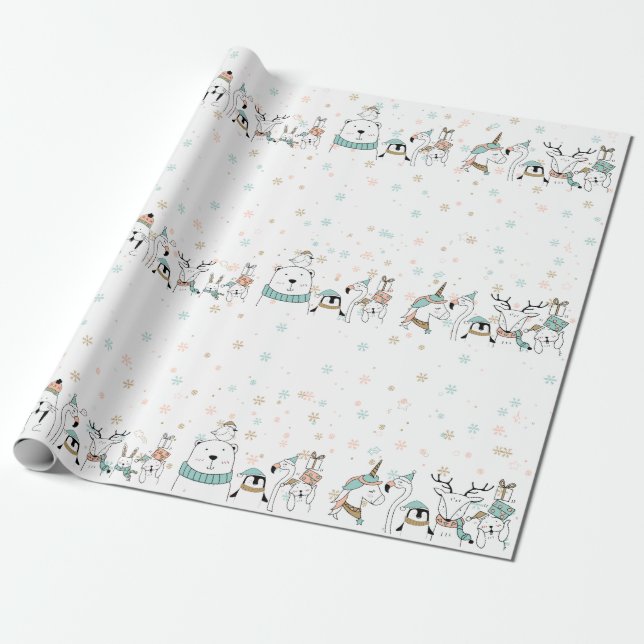 Pastel Snowflakes Niedliche Weihnachtstiere Geschenkpapier (Ungerollt)