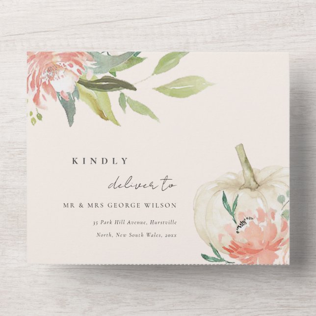 Pastel Soft White Pumpkin Blush Floral Wedding All In One Einladung (Vorderseite)